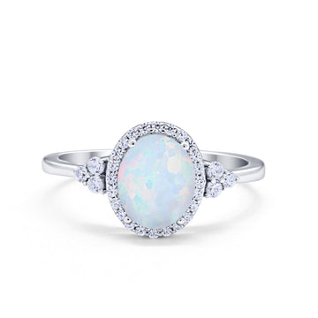 Halo Art Deco Oval Engagement Ring Lab Created White Opal 925 Sterling Silver